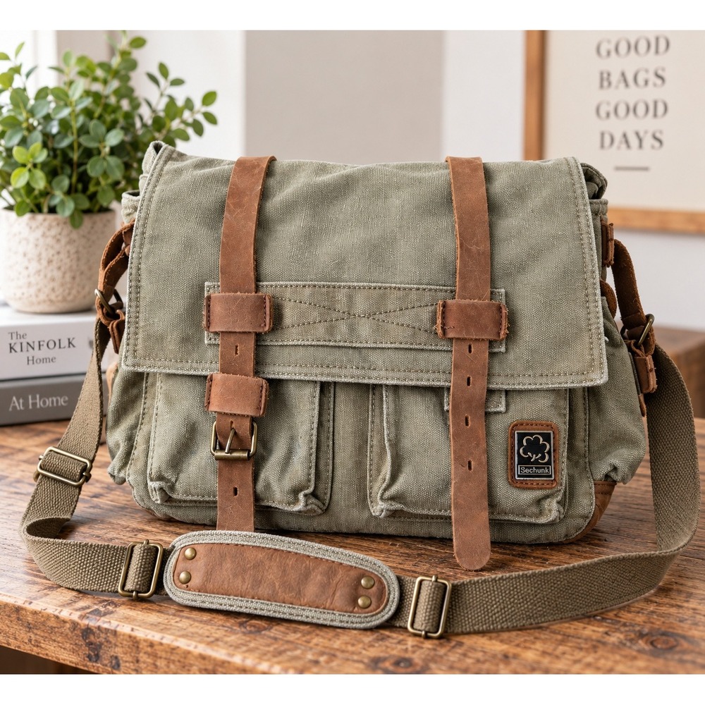 Sechunk Army Green Canvas Leather Messenger Bag Gorpcore Military Utility